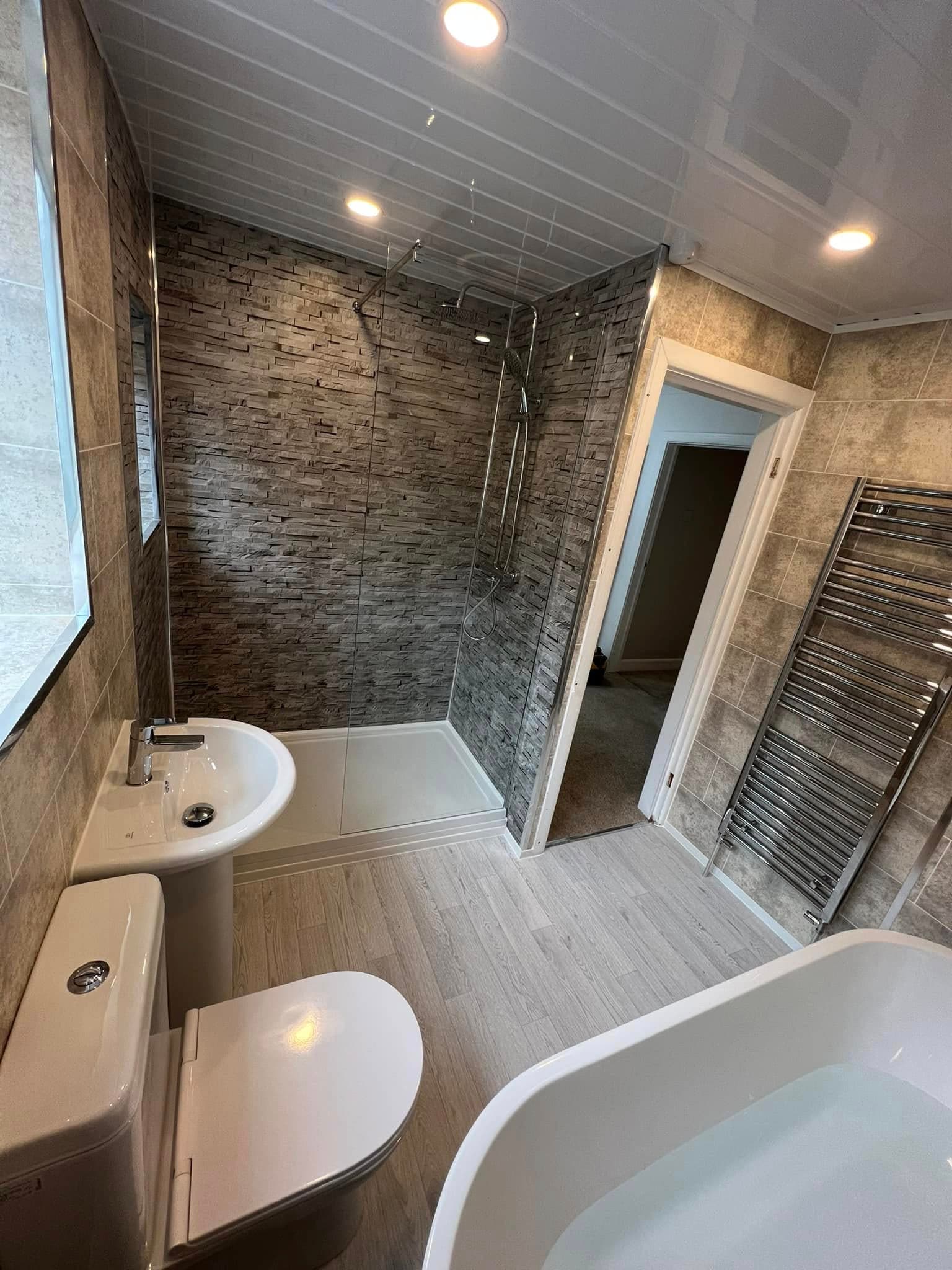 Walk-in shower with split-face stone